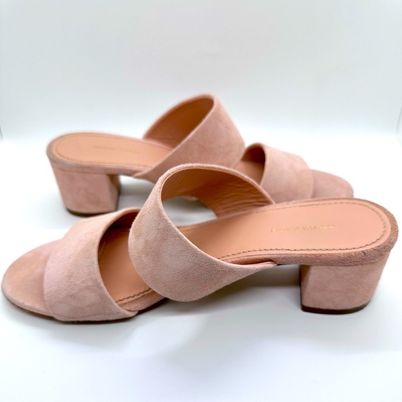 Mansur Gavriel Apricot Suede Double Strap Block Heel Slides - Picture 4 of 8